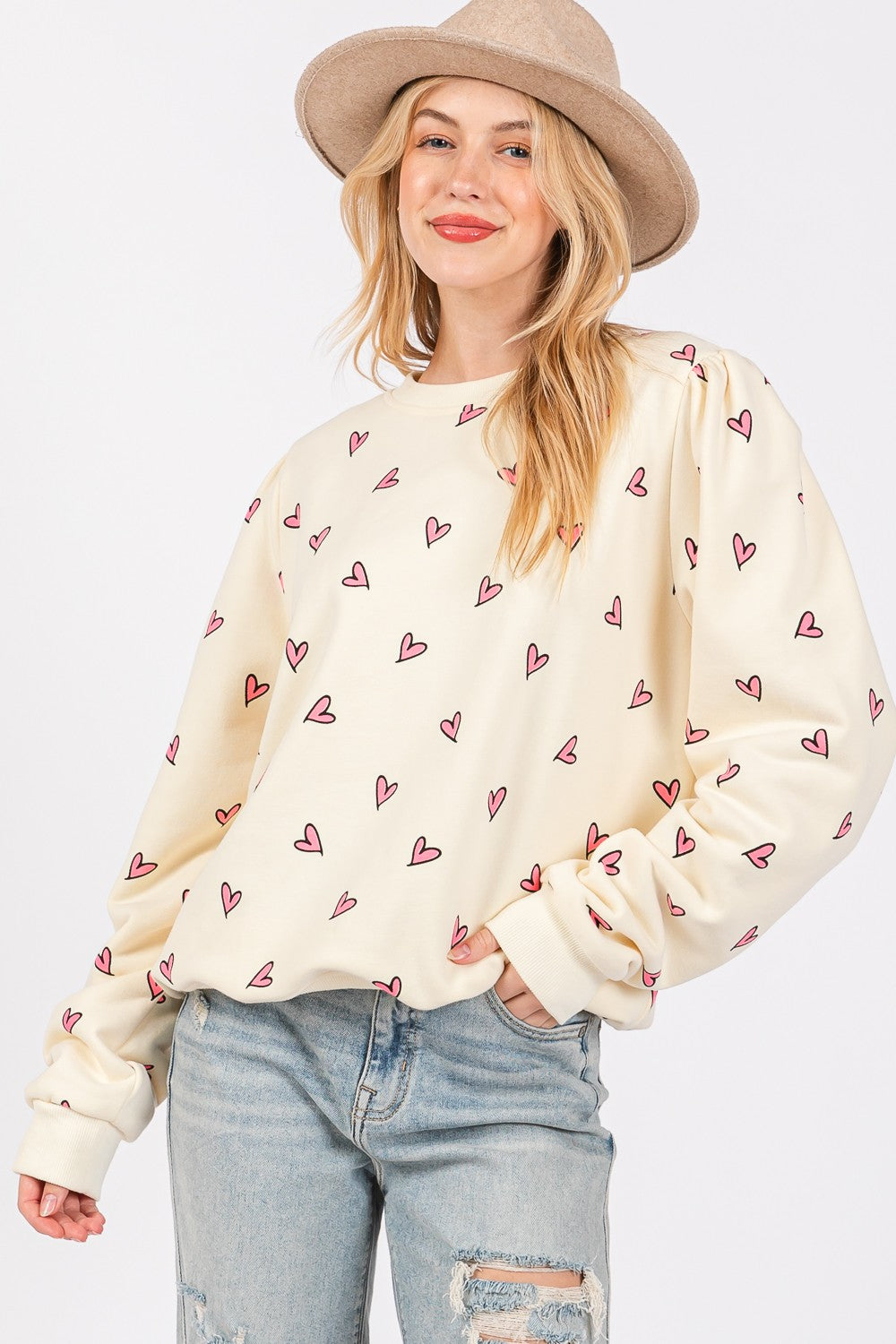 SAGE + FIG Heart Printed Contrast Long Sleeve Sweatshirt